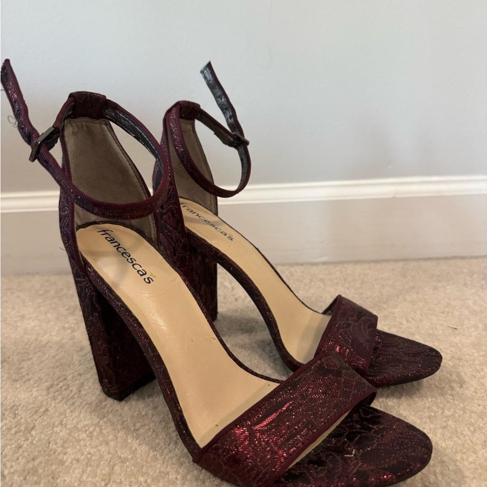 Francesca's Collections Metallic Burgundy Block Heel Sandals